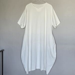 Designer Ya Linen Blend Lagenlook Balloon Minimalist Boho Cream Midi Dress